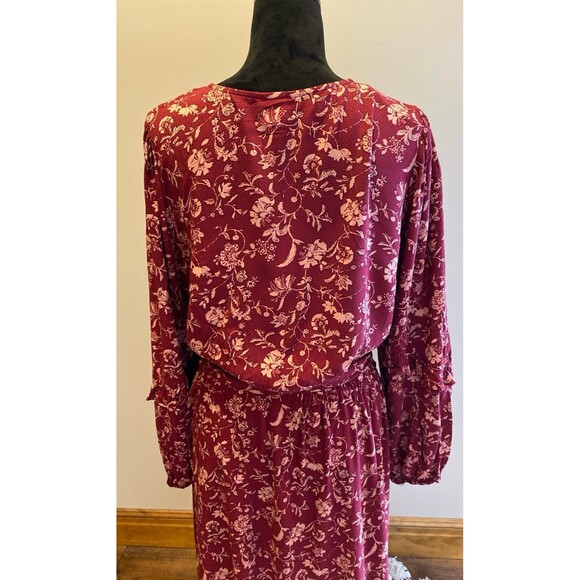Knox Rose Sz XL Dress Peasant Cottagecore Burgundy Floral Faux Wrap V Neck - Picture 7 of 12
